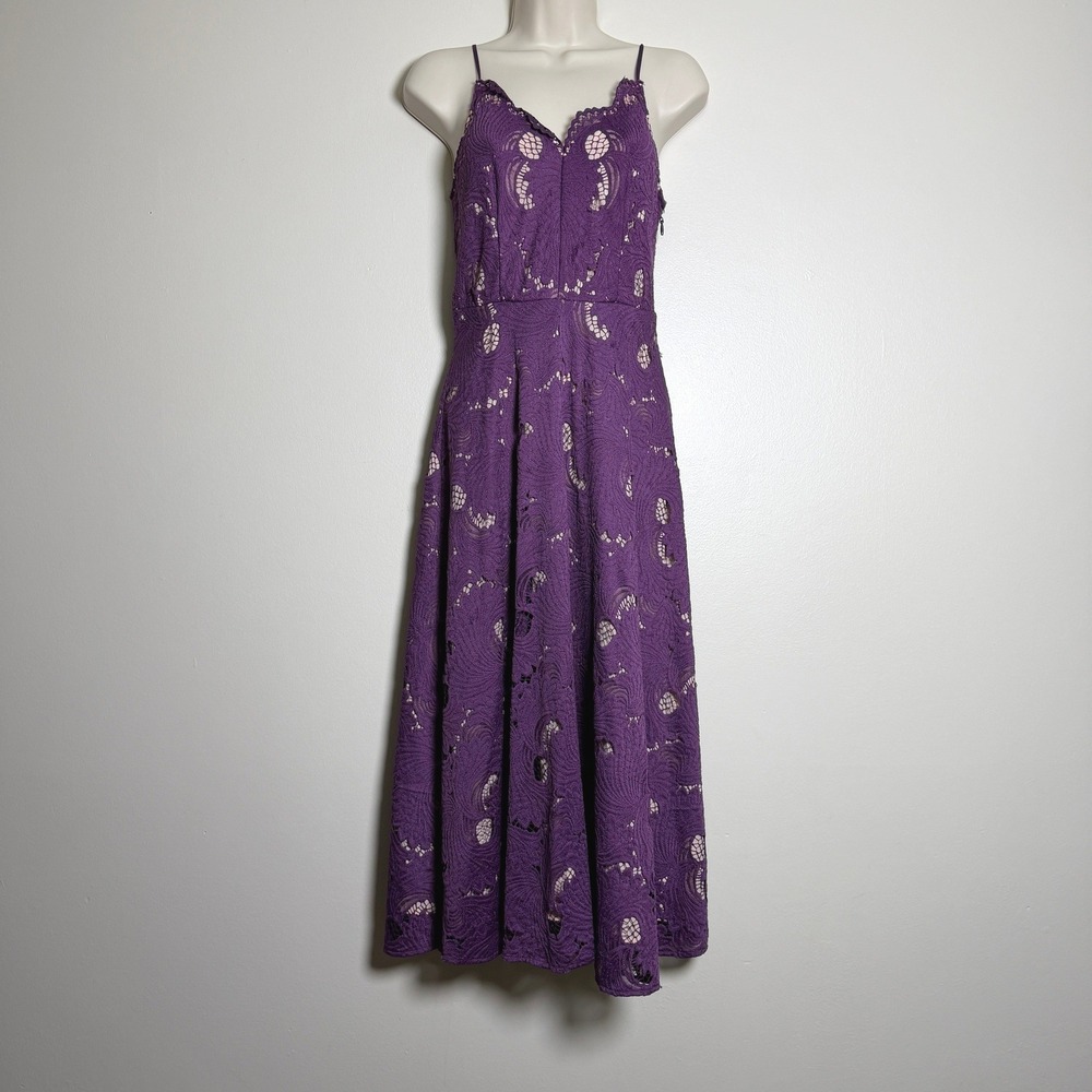 Moulinette Soeurs Anthropologie Purple Lace Midi Dress Scalloped V-Neck Size 2 - Picture 2 of 15